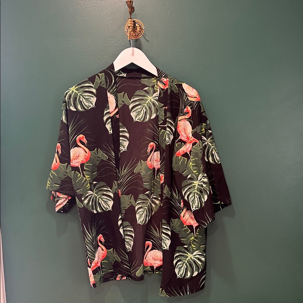 Black Tropical Flamingo Open-Front Kimono